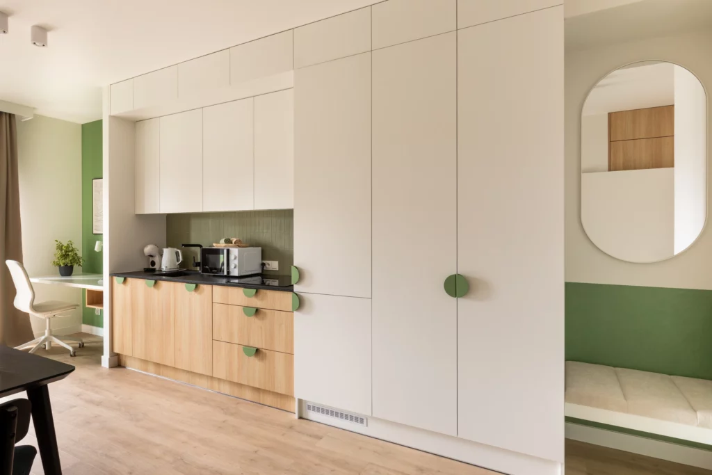 Przedpokój z lustrem w apartamencie nr 1 Studio+ Trevi Apartments Katowice
