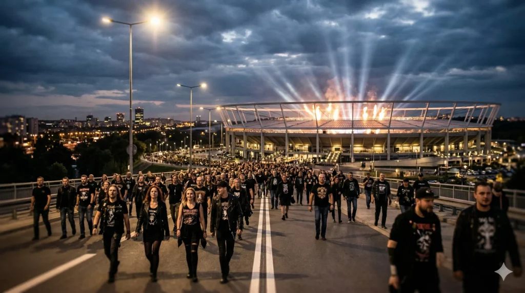 Fani koncertu podświetlonego stadionu wieczorem, zmierzający na wydarzenie w Katowicach.