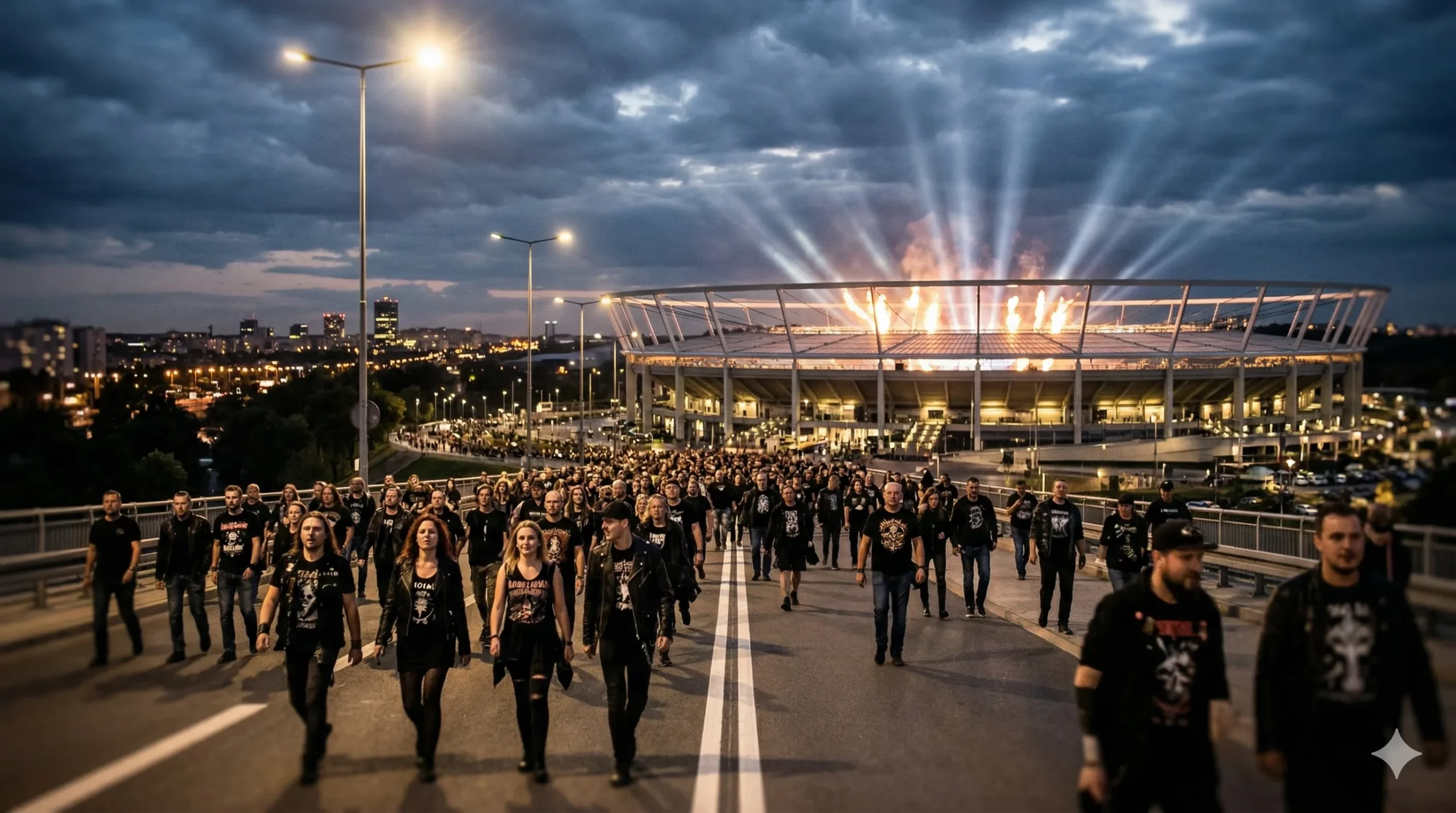 Fani koncertu podświetlonego stadionu wieczorem, zmierzający na wydarzenie w Katowicach.