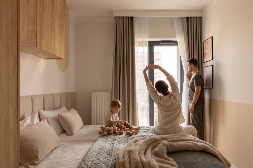 Rodzina spędza poranek w sypialni apartamentu na wynajem podczas pobytu na Śląsku